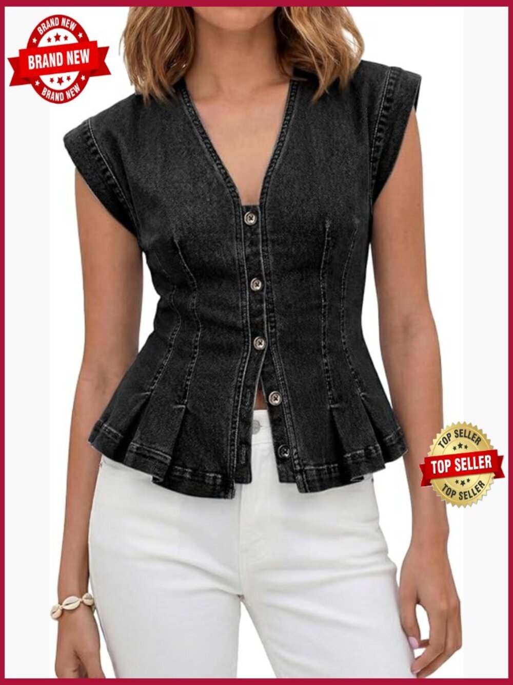 Trendy Y2K Denim Vest Top - Sleeveless Pleated V-Neck Casual Jean Top